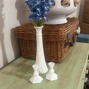Milk Glass White Vase and Candle Holders Set
